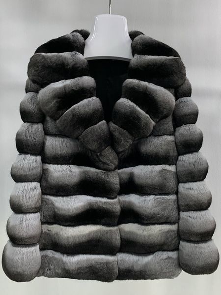 

arlenesain custom new design horizontal royal dark gray color chinchilla fur women coat, Black