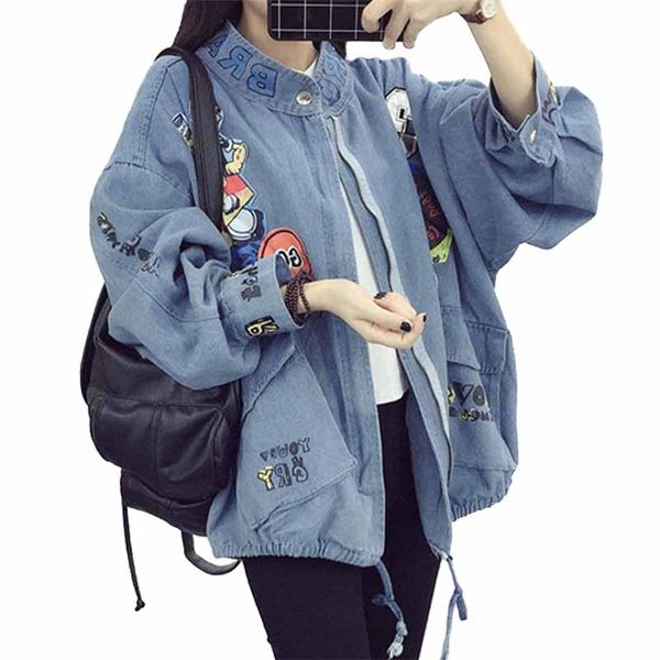 

2019 плюс размер джинсовые куртки женщины весна осень повседневная верхняя одежда джинсы топы студенты cartoon печати сыпучие ветровка пальт, Black;brown