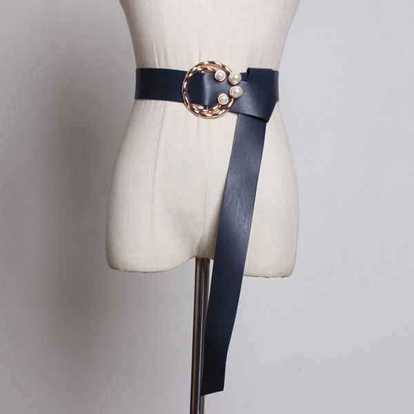 

yalee] new fashion 2019 spring summer simple double pearl metal circle girdle pu leather long belts women 8 colors y555, Black;brown