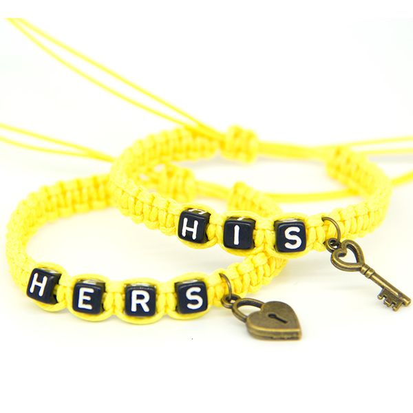 

2pcs/pair couple bracelets yellow his lock and hers key rope chains lovers personalized gift handmade jewelry men charm bracelet, Golden;silver