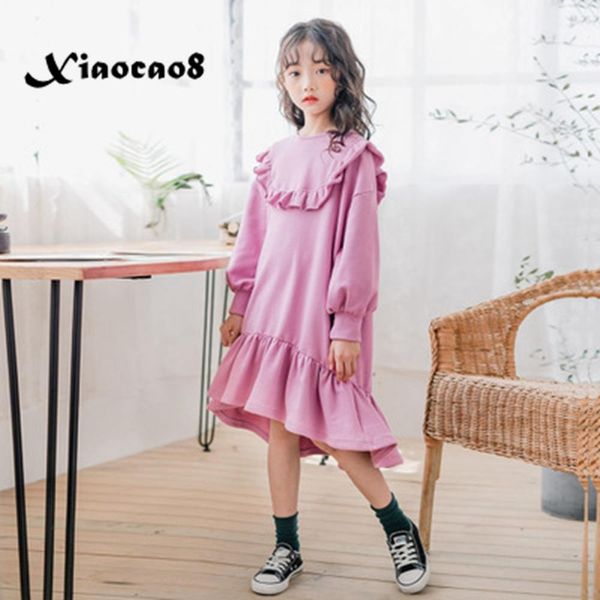 

autumn spring girls casual cotton dress kids long sleeve ruffles dresses for girls pink green solid princess dress children 5-16, Red;yellow