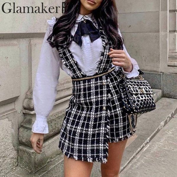 

glamaker plaid high waist skirt tweed skort culottes buttons club short skirt female fringe a-line mini women bottoms, Black