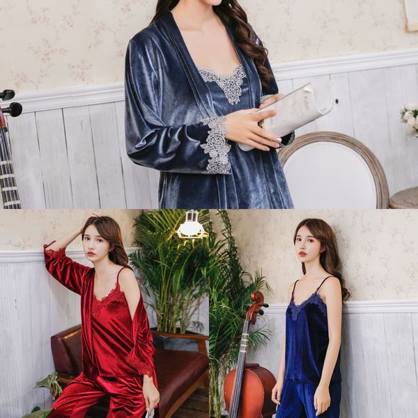 

ov3yg gold velvet embroidery women's pajamas adjustable sling long-sleeved trousers home home clothes lace sling lace clothes three-pie, Blue;red