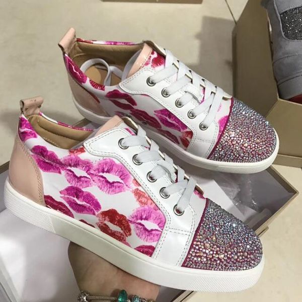 

with box] fashion lady girls casual flat lace-up junior red bottom sneakers shoes lace-up kiss love men strass leisure -- party dres, Black