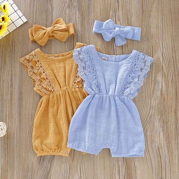 

summer baby girl rompers newborn baby clothes toddler flare sleevea solid lace design romper jumpsuit with headband one-pieces, Blue