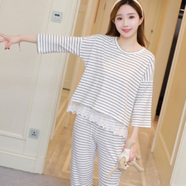 

autumn long sleeved pajamas set for women pijamas mujer 2018 suit ladies, Blue;gray