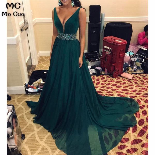 

2019 dark green evening dresses long with crystals beaded deep v-neck chiffon a-line formal evening party dress for women, White;black