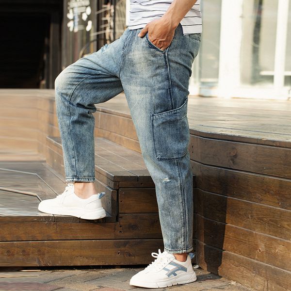 

mens designer fashion wide loose multi-pocket jeans men, Blue