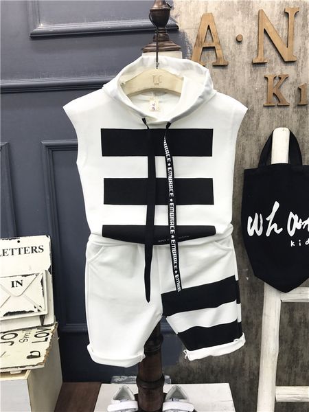 

2pcs Kids boys fashion clothing set baby hooded sleeveless white black striped shirt and short boy casual clothes children 2-7T
