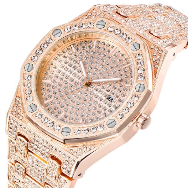 

luxury fully diamond men nautilus quartz watch calendar luminous pointer dial fashion mens wrist watches cool hip hop rap clock, Slivery;brown