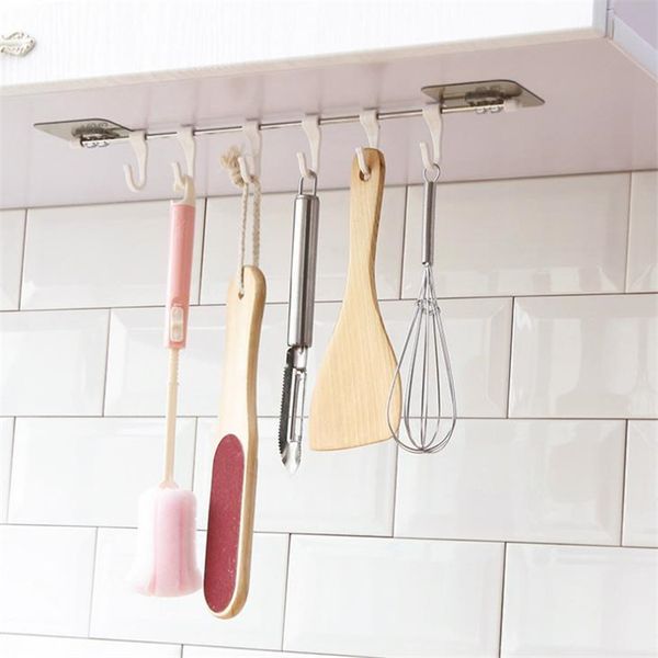 

stainless steel traceless adhesive hook rod magic traceless stick multi-even hook kitchen six adhesive