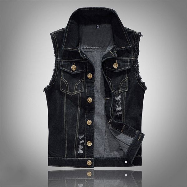 

6xl men's large size black denim vest single breasted hole slim jeans waistcoat male korean washed solid plus size casual vest, Black;white