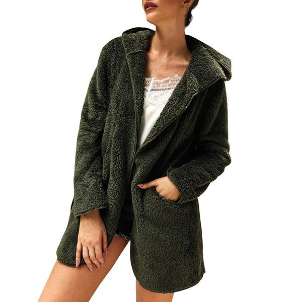 

womens winter fleece long sleeves hooded keep warm coat casual solid outwear with pocket for ladies streetwear clothes 2019, Black