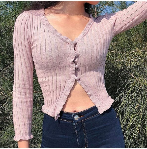 

2019 women's harajuku ruffle knitted sweater cardigan solid long sleeve pink crop top, White