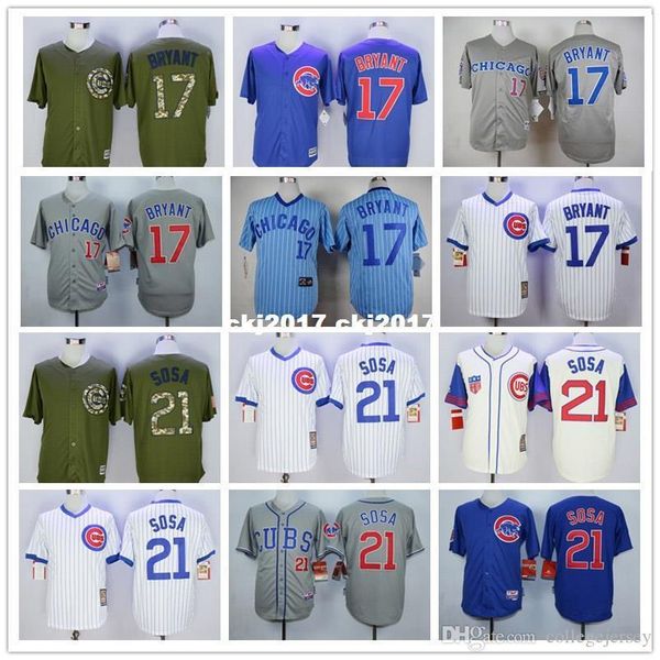 

new mens 17 kris bryant 21 sammy sosa retro jerseys color white blue gray yellow green size m-xxxl, Blue;black