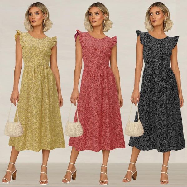 

bohemian dress women 2020 spring summer high waist wave point small floral petal sleeve sweet casual beach vacation dresses, Black;gray