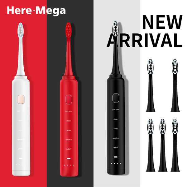 

here mega ultrasonic sonic electric toothbrush usb rechargeable tooth brushes ipx8 waterproof with 3 pcs replacement brush heads