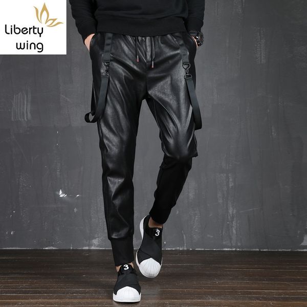 

pu leather men streetwear slim fit elastic waist punk pencil black hip hop harem trousers male motorcycle pants 3xl