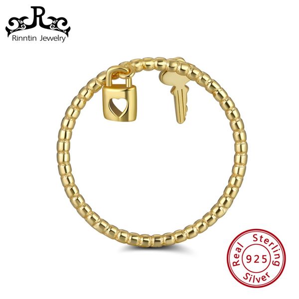 

rinntin 925 sterling silver lock key chain lover ring for women korean wedding bands anniversary jewelry gift wholesale sr104, Golden;silver