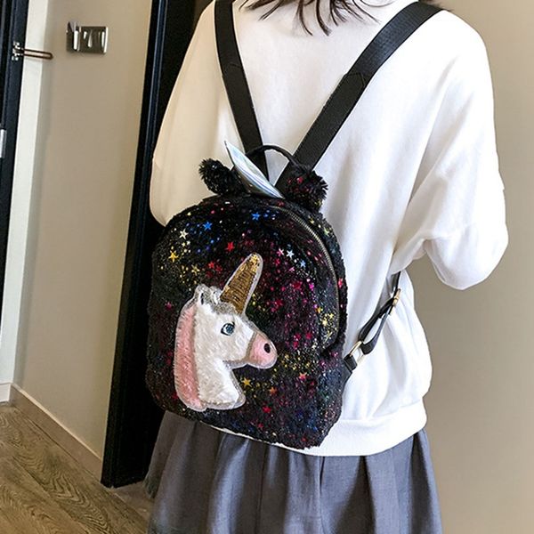 

kids girls sequins unicorn backpack plush school rucksack zipper shoulder bag