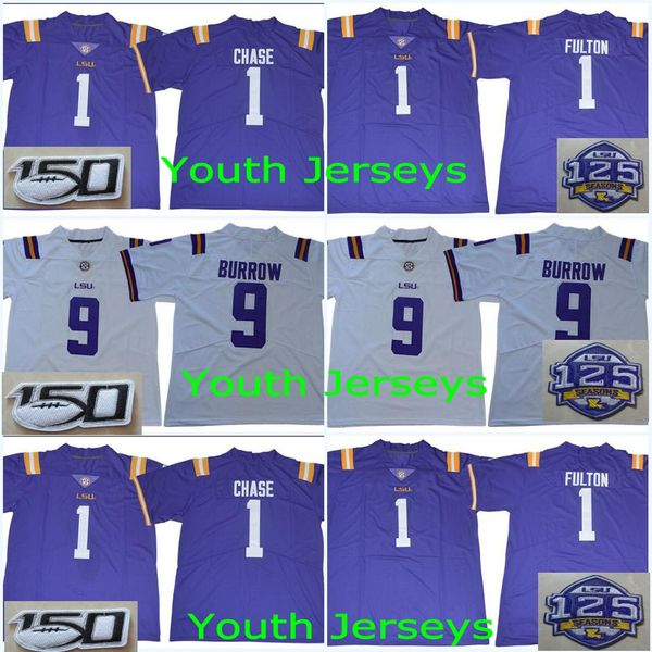 

lsu youth #9 joe burrow 125th 150th kids #1 ja'marr chase #1 kristian fulton #7 grant delpi #3 odell beckham jr. college stitched jerse, Black;red