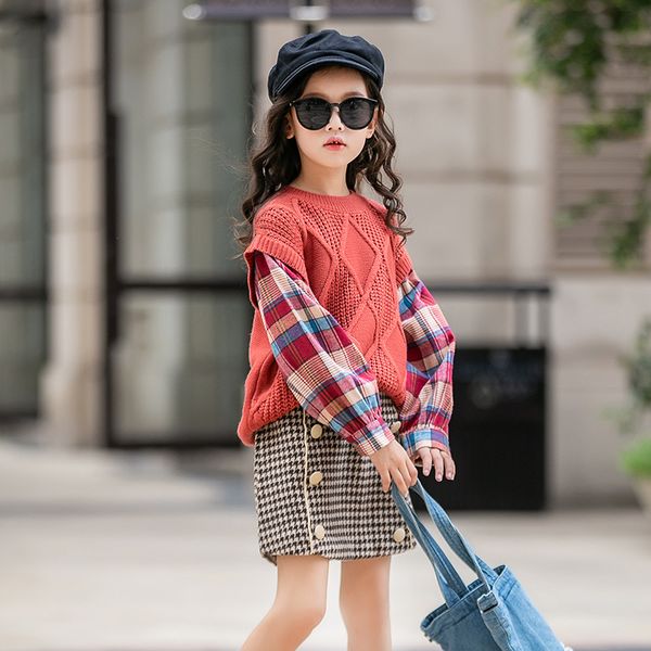 

мода детская одежда детские свитера мода поддельные два плед рубашку пуловер свитер девочки мальчики свитера пуловеры, Blue