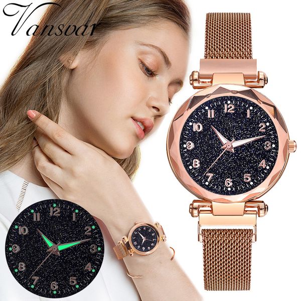 

ladies watch luxury starry sky stainless steel mesh bracelet watch 2019 simple dial crystal analog quartz wristwatches gift, Slivery;brown