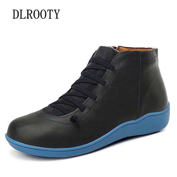 

women ankle boots autumn female casual flat shoes female fashion platform round toe zip solid leather plus size 35-43, Black