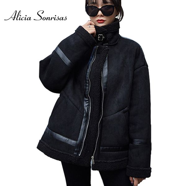 

2019 suede jacket women fur coat winter short loose faux sheepskin coat thick warm motorcycle biker cotton parkas female jacke, Black