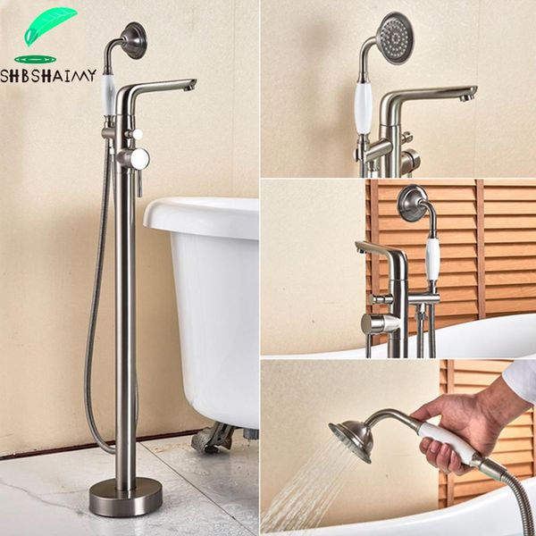 

shbshaimy brushed nickel floor standing bathroom bathtub faucet single handle swivel spout 150cm shower hose cold mixer taps