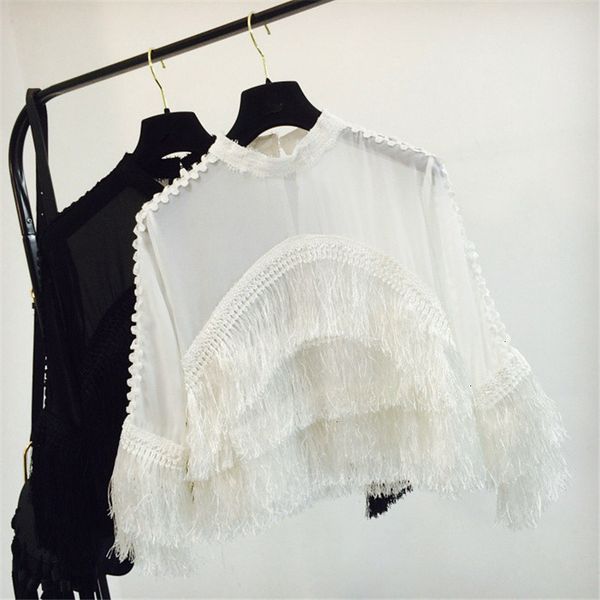 

women women blouse patchwork tassel chiffon blouse women 2019 new fashion perspective regular loose hollow out feminino shirts 64470, White