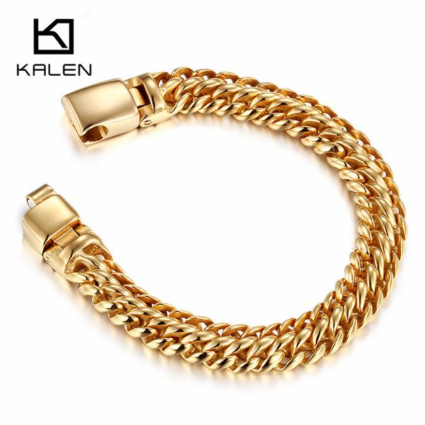 

kalen new 22cm link chain bracelet for men gold stainless steel 12mm width curb cuban link chain bracelet wristband male jewelry, Golden;silver