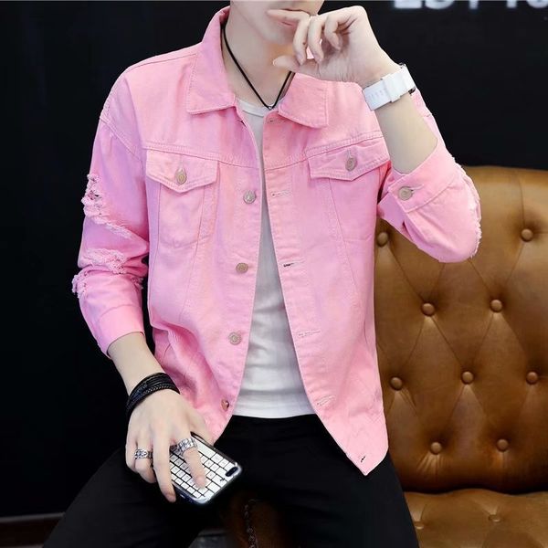 

wholesale 2020 youth autumn pink/red/army /black men's denim jacket student couple teenagers boys jacket ripped hole denim coat, Black;brown