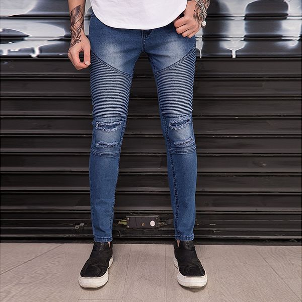 

2019 wholesale biker jeans men fold knees hole foot men's trousers locomotive biker denim hip hop pencil pants, Blue