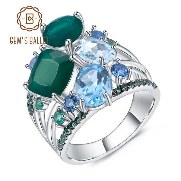 

gem's ballet 925 sterling silver stack rings natural green agate z gemstones finger ring for women wedding fine jewelry, Golden;silver