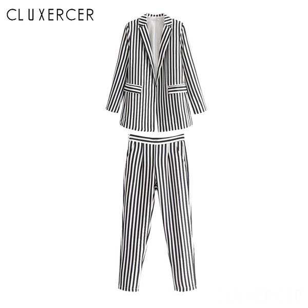 

women elegant striped black white striped pantsuit casual blazer+striped pants 2 piece set work offcie lady suit outfit, White;black