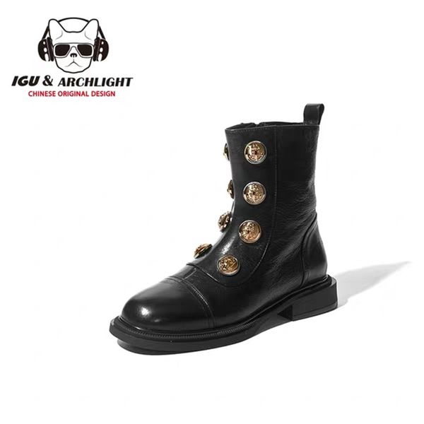 

igu high-martins boots for women genuine leather booties 2019 rivet lady motocycle booties females boots botas ankle, Black