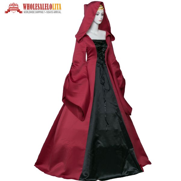 

sale red and black gothic victorian dress hooded dress, Black;red