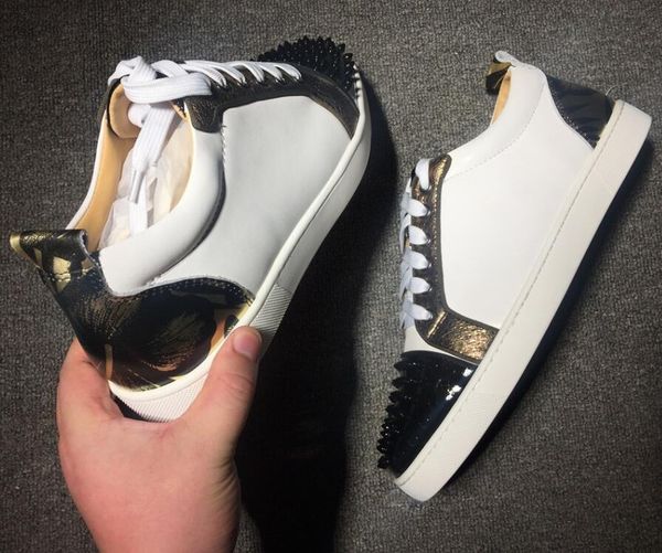 

2019 new brand designer luxury mens red bottoms shoes studded spikes low flats casual sneakers for men wedding party dress leather 28 ct01, Black