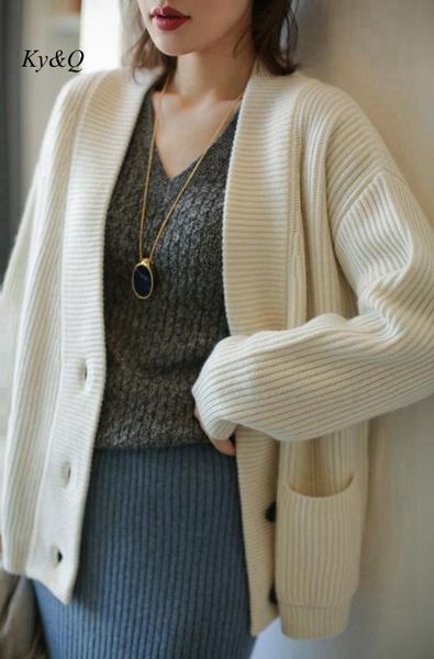 

brand design winter 2020 female single breasted knit cashmere cardigan sweater women short v-neck loose thick solid color coat, White