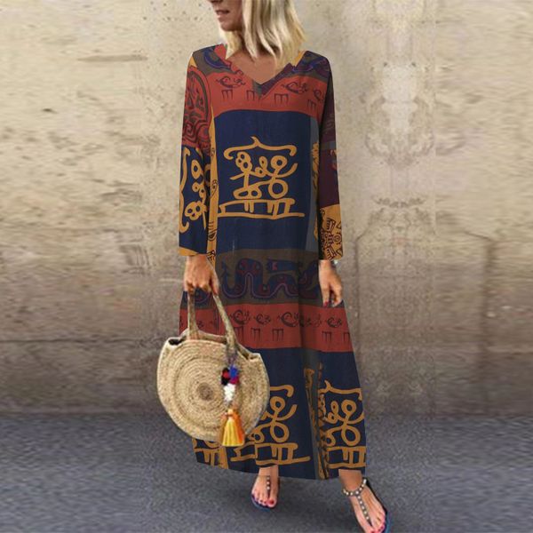 

2019 plus размер zanzea осень с длинным рукавом платье женщин v-образным вырезом maxi long vestidos vintage ситца кафтан женский мундир robe, Black;gray