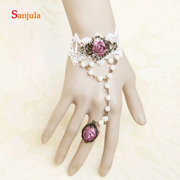 

satin handmade rose flowers wedding bridal gloves for bride lace pealrs elegant wedding accessories bracelet with ring gilrls party gloves, White