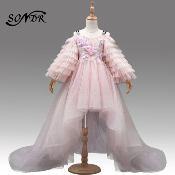 

pink flower girl dresses ht109 appliques crystal little girls communion dress lace sling elegant pageant gowns kids prom gowns, Red;yellow