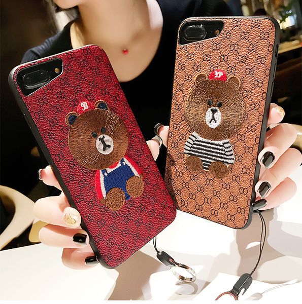 

phone case for iphone 11pro/11/11promax xs/x xr xsmax 6p/6sp/7p/8p 6/6s/7/8 fashion embroidery bear pattern back cover with lanyard