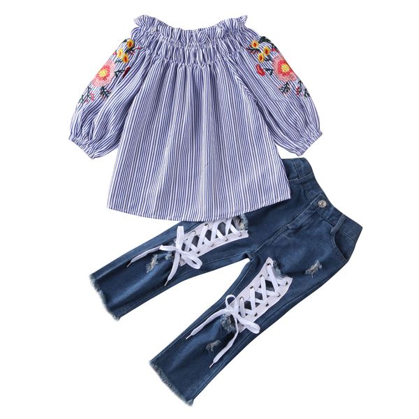 

baby spring autumn clothing toddler girls kids embroidery flower off shoulder denim trousers jeans clothes 2pcs 3y-8t, White