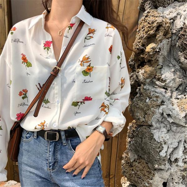 

loose retro style early flower print shirt women's shirts clothes kawaii ulzzang vintage female punk harajuku tunic for women, White