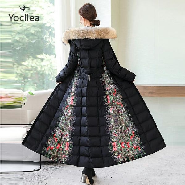 

autumn and winter 2019 women's large wool collar thickened print long down coat cotton black cotton coat parkas