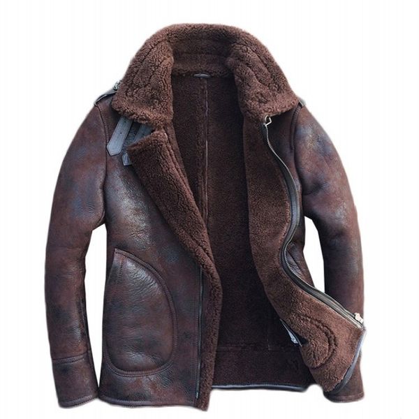 

vintage natural shearling mens flight army jacket sheepskin genuine leather real fur lining winter outwear coat, Black