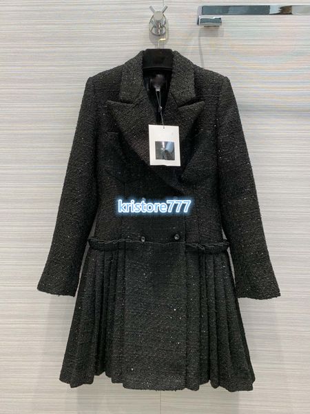 

2020 high end women girls vintage casual tweed jacket coat with buttons outerwear luxury design long suits trench coat blazer pleated dress, Black;brown