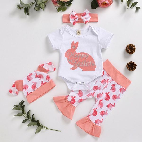 

easter short sleeve romper bodysuit newborn baby girl clothes summer cotton flared pants beanie cap hairband girls set, White